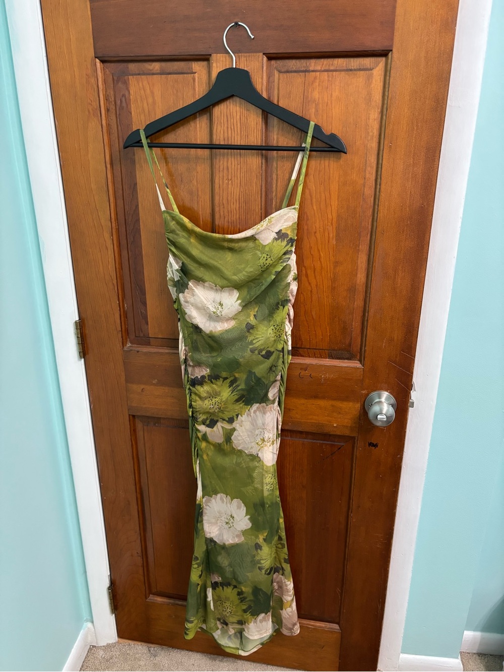 Zara Olive Green Floral Ruched Midi Dress